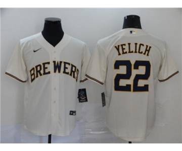 Men's Nike Brewers #22 Christian Yelich Cream 2020 Stitched Baseball Cool Base Jersey