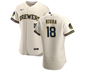 Men's Nike Milwaukee Brewers #18 Keston Hiura Cream Home 2020 Authentic Player Baseball Jersey