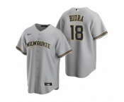 Men's Nike Milwaukee Brewers #18 Keston Hiura Gray Road Stitched Baseball Jersey