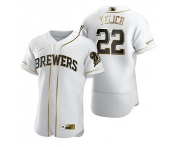 Men's Nike Milwaukee Brewers #22 Christian Yelich White 2020 Authentic Golden Edition Baseball Jersey