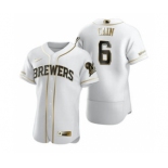 Men's Nike Milwaukee Brewers #6 Lorenzo Cain White 2020 Authentic Golden Edition Baseball Jersey