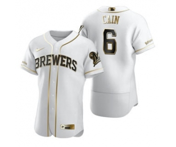 Men's Nike Milwaukee Brewers #6 Lorenzo Cain White 2020 Authentic Golden Edition Baseball Jersey