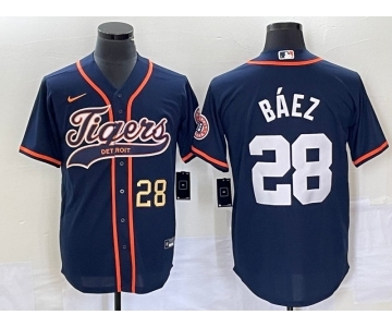 Men's Detroit Tigers #28 Javier Baez Number Navy Blue Cool Base Stitched Baseball Jersey