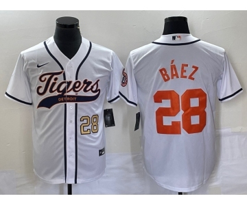 Men's Detroit Tigers #28 Javier Baez Number White Cool Base Stitched Baseball Jersey