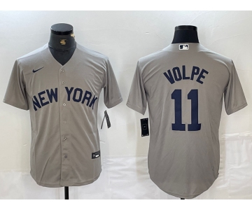 Men's New York Yankees #11 Anthony Volpe Name 2021 Grey Field of Dreams Cool Base Stitched Baseball Jersey