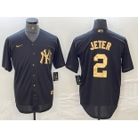 Men's New York Yankees #2 Derek Jeter Black Gold Cool Base Stitched Jersey