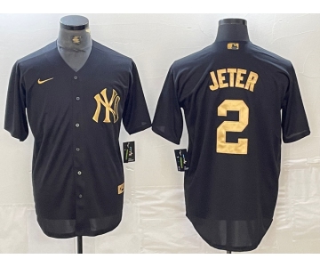 Men's New York Yankees #2 Derek Jeter Black Gold Cool Base Stitched Jersey