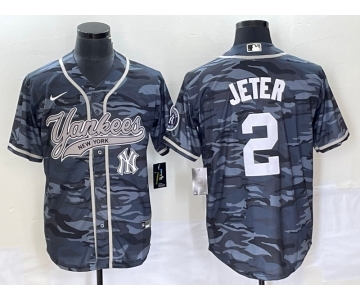 Men's New York Yankees #2 Derek Jeter Grey Camo Cool Base With Patch Stitched Baseball Jersey1