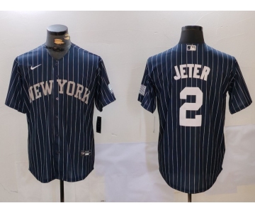 Men's New York Yankees #2 Derek Jeter Navy Pinstripe Fashion Cool Base Jersey