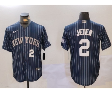 Men's New York Yankees #2 Derek Jeter Navy Pinstripe Fashion Cool Base Jerseys