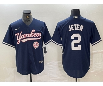 Men's New York Yankees #2 Derek Jeter Navy With Patch Cool Base Stitched Baseball Jersey