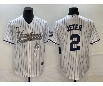 Men's New York Yankees #2 Derek Jeter White With Patch Cool Base Stitched Baseball Jersey