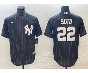 Men's New York Yankees #22 Juan Soto Black Pinstripe Cool Base Stitched Baseball Jersey