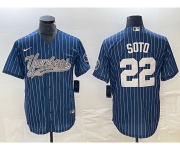 Men's New York Yankees #22 Juan Soto Blue Pinstripe Cool Base Stitched Baseball Jersey