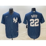 Men's New York Yankees #22 Juan Soto Blue Pinstripe Cool Base Stitched Baseball Jerseys