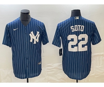 Men's New York Yankees #22 Juan Soto Blue Pinstripe Cool Base Stitched Baseball Jerseys