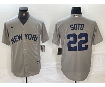 Men's New York Yankees #22 Juan Soto Name 2021 Grey Field of Dreams Cool Base Stitched Baseball Jersey