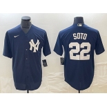 Men's New York Yankees #22 Juan Soto Name Navy Blue Cool Base Stitched Baseball Jersey