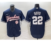 Men's New York Yankees #22 Juan Soto Navy With Patch Cool Base Stitched Baseball Jersey