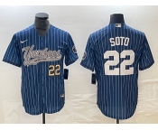 Men's New York Yankees #22 Juan Soto Number Blue Pinstripe Cool Base Stitched Baseball Jersey