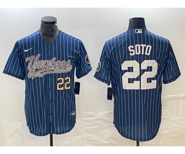 Men's New York Yankees #22 Juan Soto Number Blue Pinstripe Cool Base Stitched Baseball Jersey