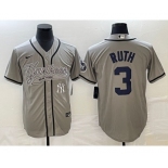 Men's New York Yankees #3 Babe Ruth Gray With Patch Cool Base Stitched Baseball Jersey