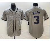 Men's New York Yankees #3 Babe Ruth Gray With Patch Cool Base Stitched Baseball Jersey