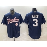 Men's New York Yankees #3 Babe Ruth Navy With Patch Cool Base Stitched Baseball Jersey