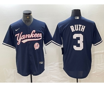 Men's New York Yankees #3 Babe Ruth Navy With Patch Cool Base Stitched Baseball Jersey