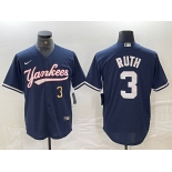 Men's New York Yankees #3 Babe Ruth Number Navy Cool Base Stitched Baseball Jersey