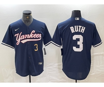 Men's New York Yankees #3 Babe Ruth Number Navy Cool Base Stitched Baseball Jersey