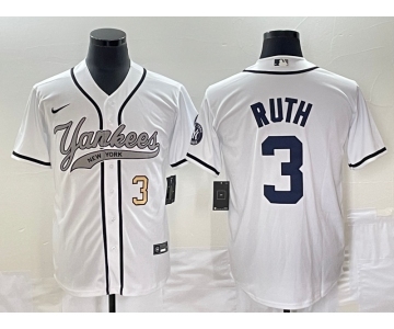 Men's New York Yankees #3 Babe Ruth Number White With Patch Cool Base Stitched Baseball Jersey