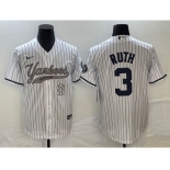 Men's New York Yankees #3 Babe Ruth White With Patch Cool Base Stitched Baseball Jersey