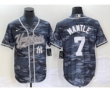 Men's New York Yankees #7 Mickey Mantle Grey Camo Cool Base With Patch Stitched Baseball Jersey1