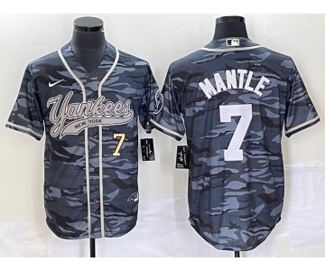 Men's New York Yankees #7 Mickey Mantle Number Grey Camo Cool Base With Patch Stitched Baseball Jersey