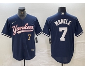 Men's New York Yankees #7 Mickey Mantle Number Navy With Patch Cool Base Stitched Baseball Jersey