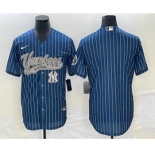 Men's New York Yankees Big Logo Navy Blue Pinstripe Cool Base Stitched Baseball Jerseys