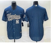 Men's New York Yankees Big Logo Navy Blue Pinstripe Cool Base Stitched Baseball Jerseys