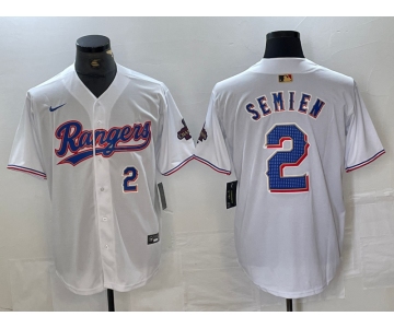 Men's Texas Rangers #2 Marcus Semien Number White 2023 World Series Champions Cool Base Jersey