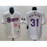 Men's Texas Rangers #31 Max Scherzer Number White 2023 World Series Champions Cool Base Jersey