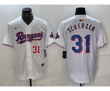 Men's Texas Rangers #31 Max Scherzer Number White 2023 World Series Champions Cool Base Jersey