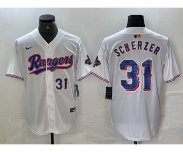 Men's Texas Rangers #31 Max Scherzer Number White 2023 World Series Champions Cool Base Jerseys