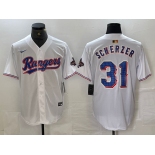 Men's Texas Rangers #31 Max Scherzer White 2023 World Series Champions Cool Base Jersey