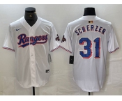 Men's Texas Rangers #31 Max Scherzer White 2023 World Series Champions Cool Base Jersey