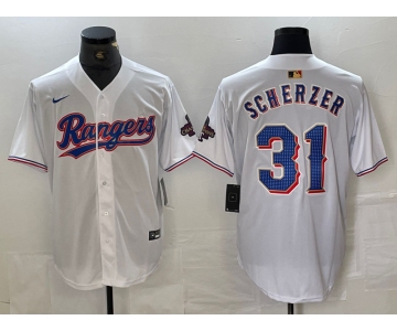 Men's Texas Rangers #31 Max Scherzer White 2023 World Series Champions Cool Base Jersey