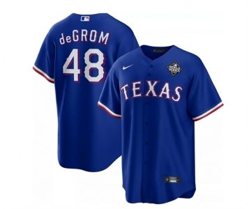 Men's Texas Rangers #48 Jacob DeGrom Royal 2023 World Series Cool Base Stitched Baseball Jersey