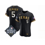 Men's Texas Rangers #5 Corey Seager Black Gold 2023 World Series Flex Base Stitched Baseball Jersey