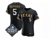 Men's Texas Rangers #5 Corey Seager Black Gold 2023 World Series Flex Base Stitched Baseball Jersey