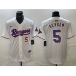 Men's Texas Rangers #5 Corey Seager Number White 2023 World Series Champions Cool Base Jersey