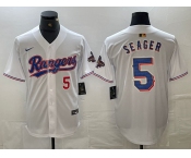 Men's Texas Rangers #5 Corey Seager Number White 2023 World Series Champions Cool Base Jersey